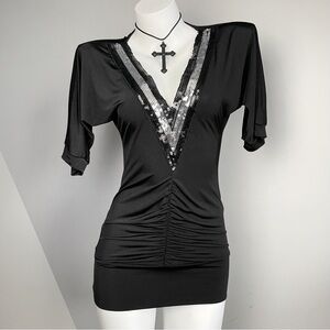 Y2K Black Sequin Slim Fit V-Neck Top